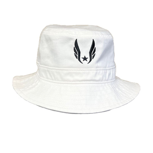 A white Nike USATF Sportswear Bucket Hat with a logo on the front.