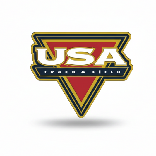 Logo for USA Track & Field with red, yellow, and blue colors on a white background