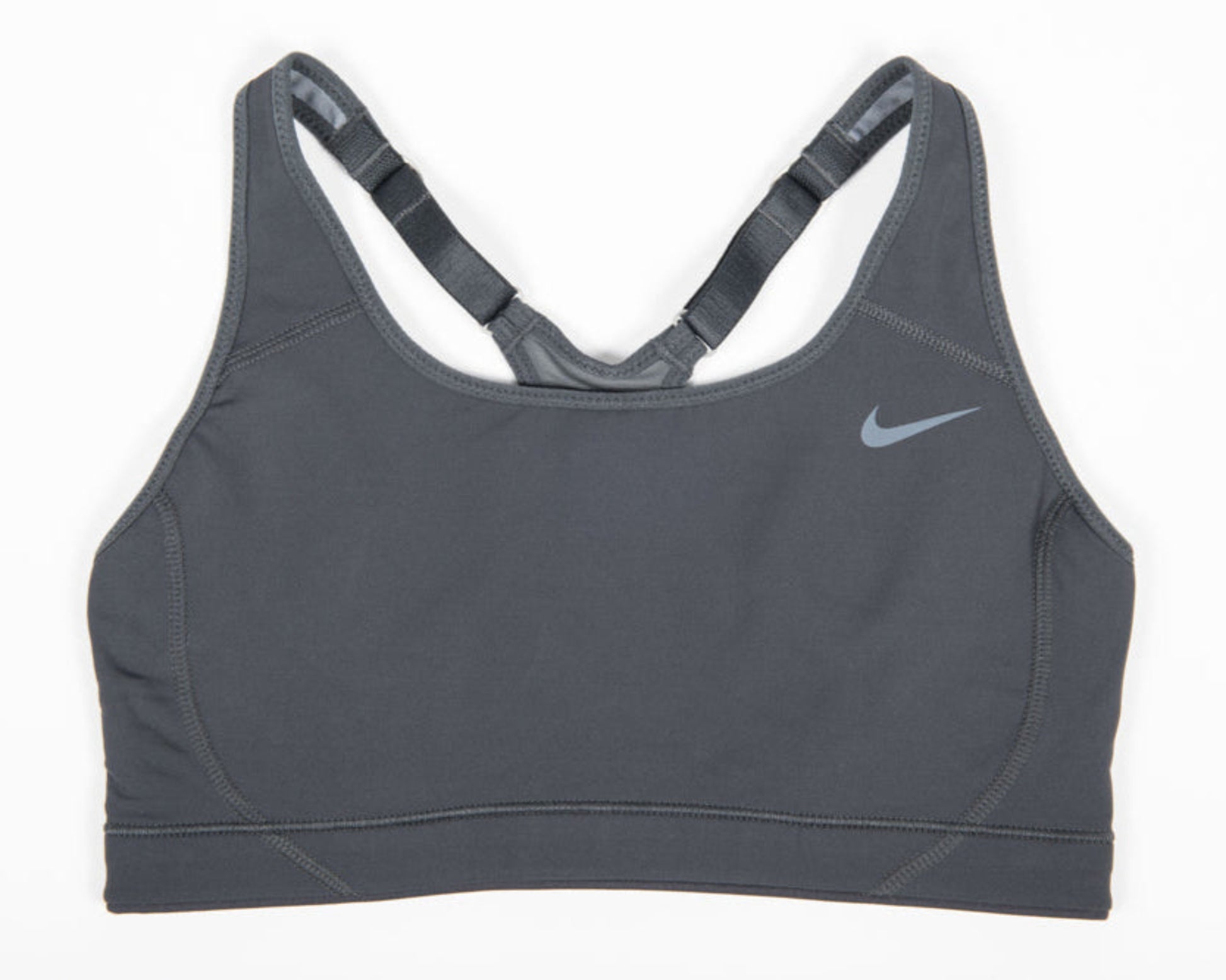 Nike USATF Women's Adjustable Sports Bra in black color with adjustable straps and Nike logo on the right chest area.