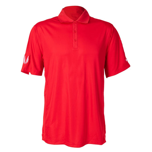 A red Nike Dri-FIT Victory Polo shirt with a collar, short sleeves, and a logo on the left sleeve.