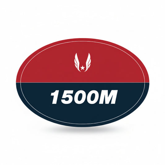 A red and blue oval sticker with the text '1500M' in white, centered, and a white winged logo at the top.